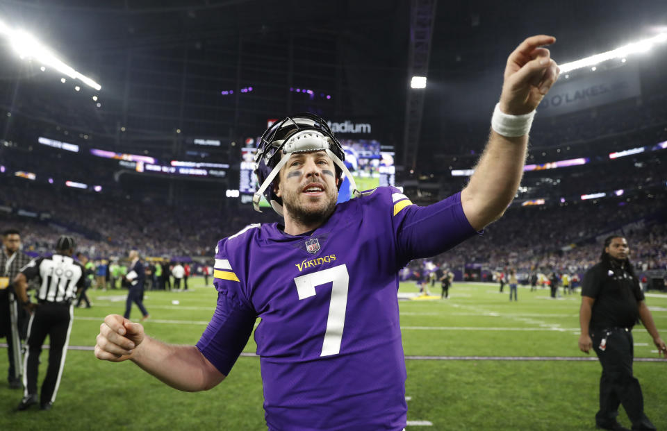 Minnesota Vikings quarterback Case Keenum walks off the field after his walk-off touchdown pass to beat the New Orleans Saints, 29-24. (AP Photo/Jeff Roberson)