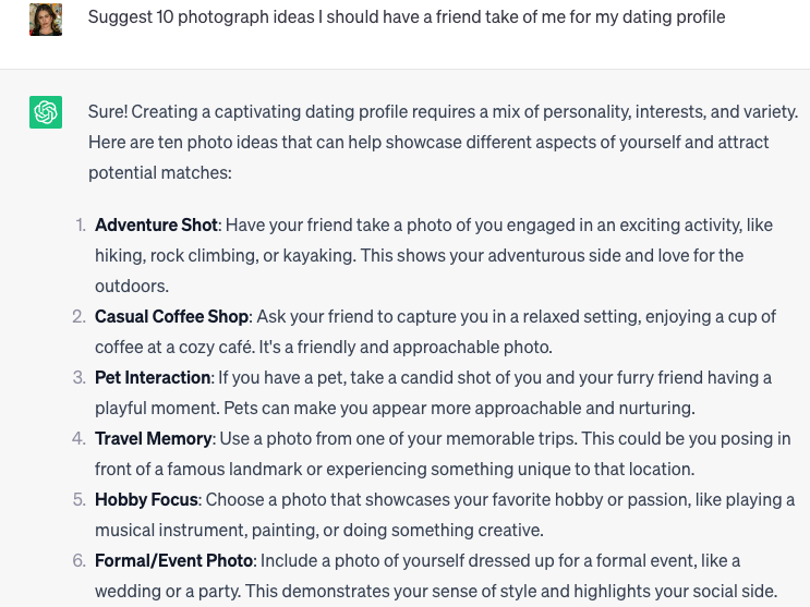 Die Autorin bat Chat GPT, Fotoideen für ein Dating-App-Profil zu liefern. - Copyright: Insider/Julia Naftulin