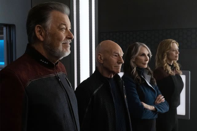 Trae Patton/Paramount+ Jeri Ryan as Seven of Nine, Patrick Stewart as Picard, Gates McFadden as Dr. Beverly Crusher and Jonathan Frakes as Will Riker in Star Trek: Picard