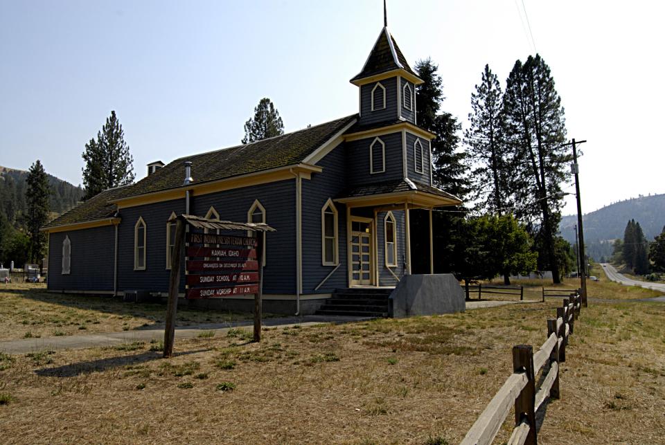 First Indian Presbyterian (Kamiah, Idaho)
With its cornflower-blue exterior and charming Gothic Revival design, First Indian Presbyterian’s prairie perch is fitting. It was built in 1871 by the chief of an Indian tribe and still meets today, singing hymns in the Nez Perce language.