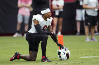Arizona Cardinals linebacker Isaiah Simmons takes a break between drills during NFL football training camp Friday, July 28, 2023, in Glendale, Ariz. (AP Photo/Ross D. Franklin)