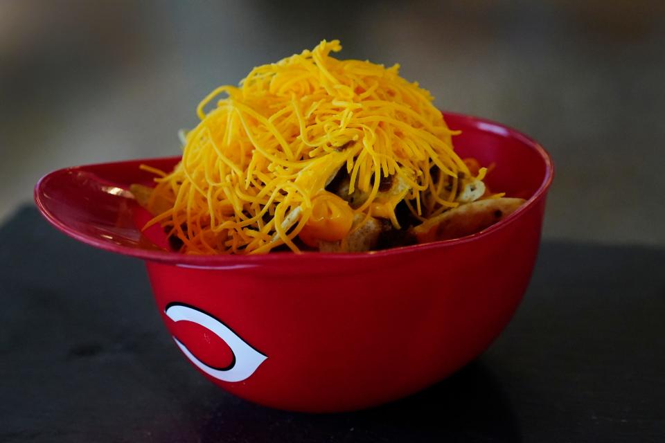 The Skyline Nacho Helmet is filled with nacho chips, topped with Skyline chili and shredded cheese. You can find them at the Skyline locations at Great American Ball Park.