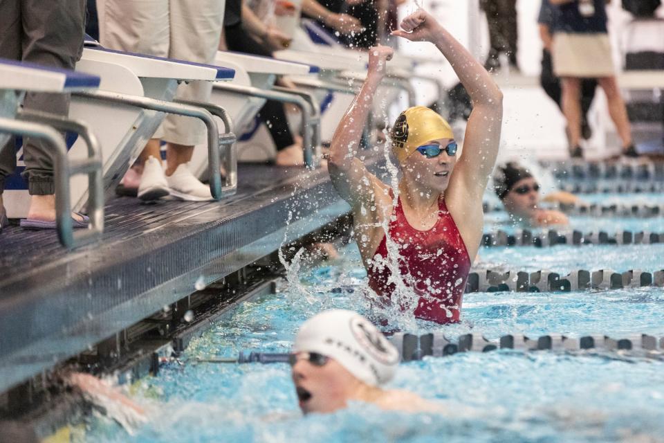 Haylee Tiffany of Long Peak High School celebrates after finishing at the Utah 6A State Meet at the Stephen L. Richards Building in Provo on Saturday, Feb. 24, 2024. | Marielle Scott, Deseret News