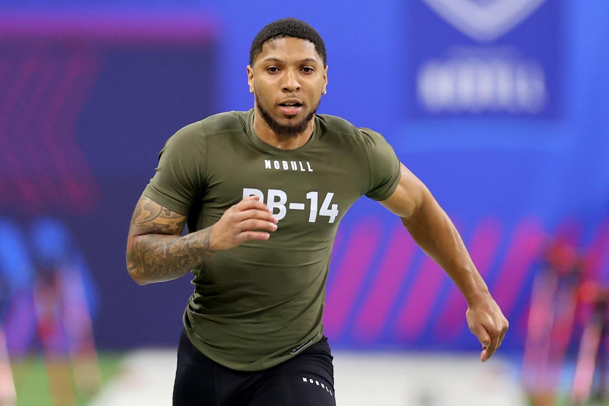 INDIANAPOLIS, INDIANA - MARCH 01: Daequan Hardy #DB14 of Penn State participates in the 40-yard dash during the NFL Combine at Lucas Oil Stadium on March 01, 2024 in Indianapolis, Indiana. (Photo by Stacy Revere/Getty Images)