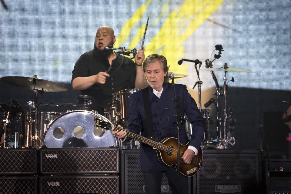 FILE - Paul McCartney performs during his "Got Back" tour on June 16, 2022, at MetLife Stadium in East Rutherford, N.J. A bass stolen from Paul McCartney more than 50 years ago has been found and returned to the Beatle. A woman living on England's south coast came forward after word spread last year about the search for the missing 1961 violin-shaped Hofner bass. McCartney's website said Thursday that the instrument was authenticated by the manufacturer and the musician is incredibly grateful to those who helped find it. (Photo by Christopher Smith/Invision/AP, File)