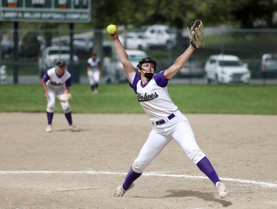 Riverton’s Kyli Carrell pitches in the 6A semifinal game against Bingham at the Cottonwood Complex in Murray on Wednesday, May 24, 2023. | Laura Seitz, Deseret News
