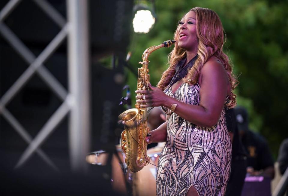 Jeanette Harris, known as the “Queen of the Sax,” performs at the inaugural Elk Grove Fall Jazz Festival in September at the Laguna Town Hall amphitheater.