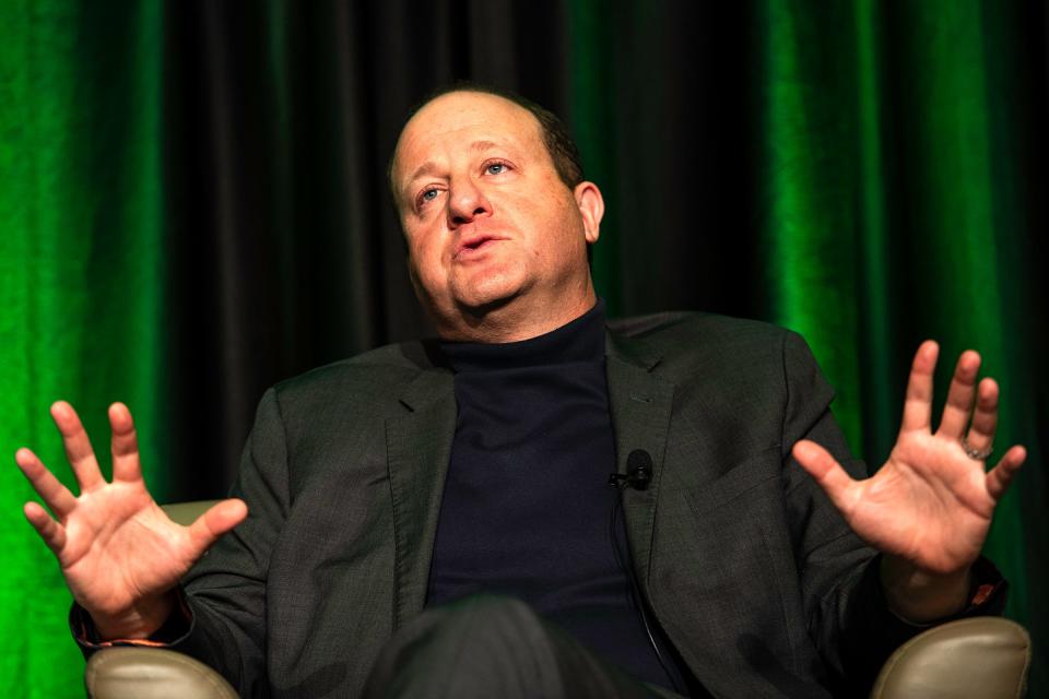 Gov. Jared Polis of Colorado answers questions during a discussion moderated by CSU President Amy Parsons about how our society can learn to disagree in a way that allows us to find solutions and solve problems. The event was held at Colorado State University in Fort Collins on Wednesday.