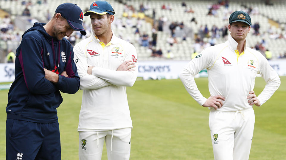 Joe Root, Tim Paine and Steve Smith after the first Test. (Photo by Ryan Pierse/Getty Images)