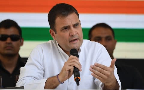 Rahul Gandhi addresses supporters at an event to unveil the party's election manifesto in New Delhi - Credit: AFP