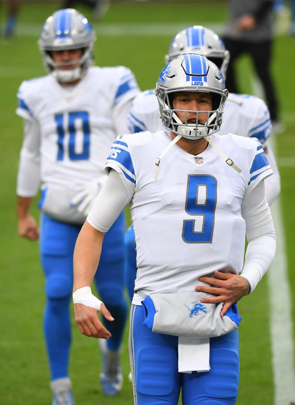 Lions quarterback Matthew Stafford warms up prior to the game against the Titans on Sunday, Dec. 20, 2020, in Nashville, Tenn.