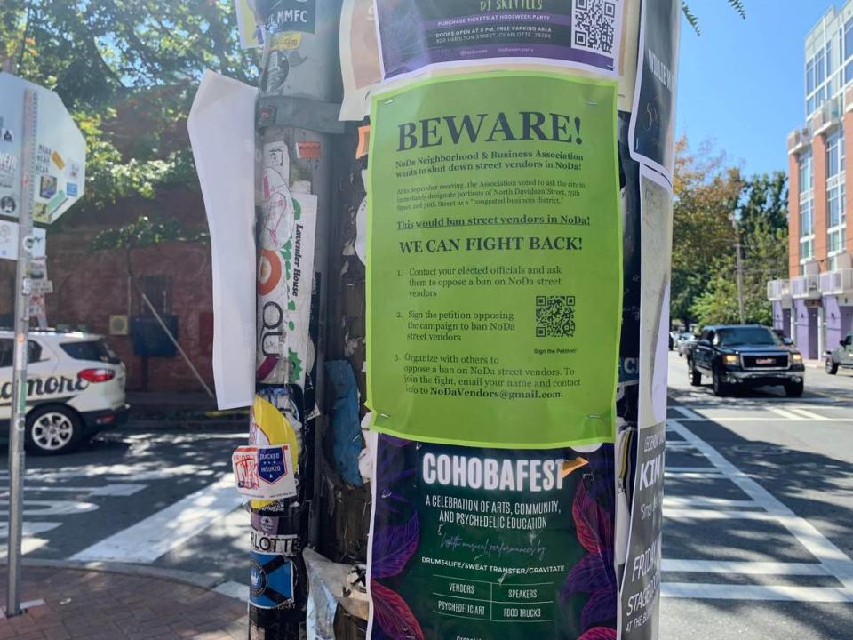 A flyer on a post in NoDa urges people to sign a petition in support of street vendors who sell art, clothing and more along N. Davidson Street. Mary Ramsey/The Charlotte Observer