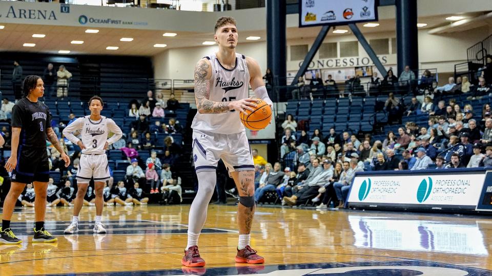 Monmouth center Nikita Konstantynovskyi shots a free throw against Hampton in West Long Branch, N.J. on Jan. 20, 2024.