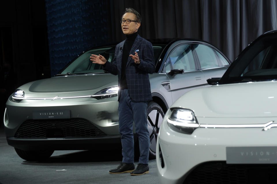 LAS VEGAS, NEVADA - JANUARY 04:  Kenichiro Yoshida, Chairman, President and CEO of Sony Group Corporation, speaks as he introduces the VISION-S 02 (L), an SUV prototype vehicle, during a Sony press event for CES 2022 at the Mandalay Bay Convention Center on January 4, 2022 in Las Vegas, Nevada. CES, the world&#39;s largest annual consumer technology trade show, is being held in person from January 5-7, with some companies deciding to participate virtually only or canceling their attendance due to concerns over the major surge in COVID-19 cases. (Photo by Alex Wong/Getty Images)