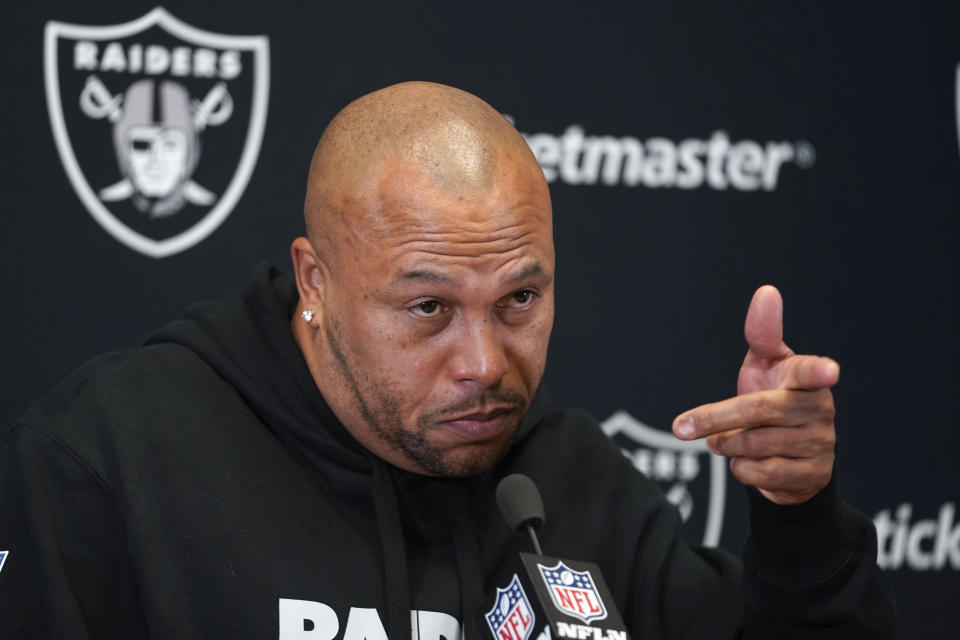 Las Vegas Raiders interim head coach Antonio Pierce speaks during a news conference following of an NFL football game against the Kansas City Chiefs Monday, Dec. 25, 2023, in Kansas City, Mo. The Raiders won 20-14. (AP Photo/Ed Zurga)