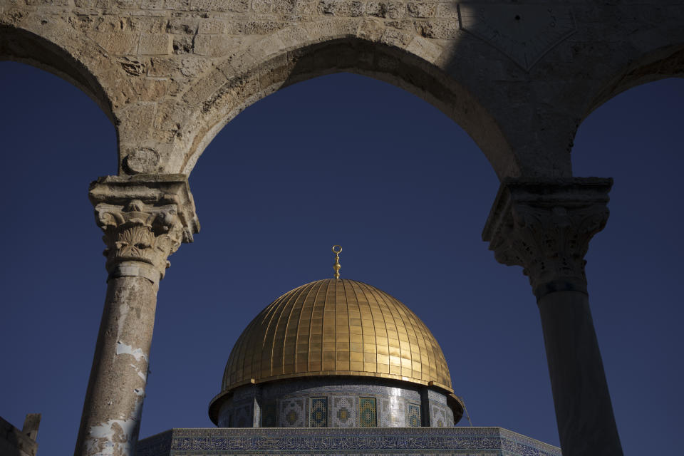 A view of the Dome of the Rock shrine at the Al Aqsa Mosque compound in the Old City of Jerusalem, Thursday, Feb. 29, 2024. (AP Photo/Leo Correa)