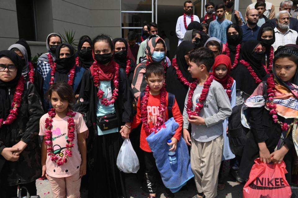 Members of Afghanistan's national girls football team in Lahore, Pakistan, last month after fleeing Taliban  (AFP via Getty Images)