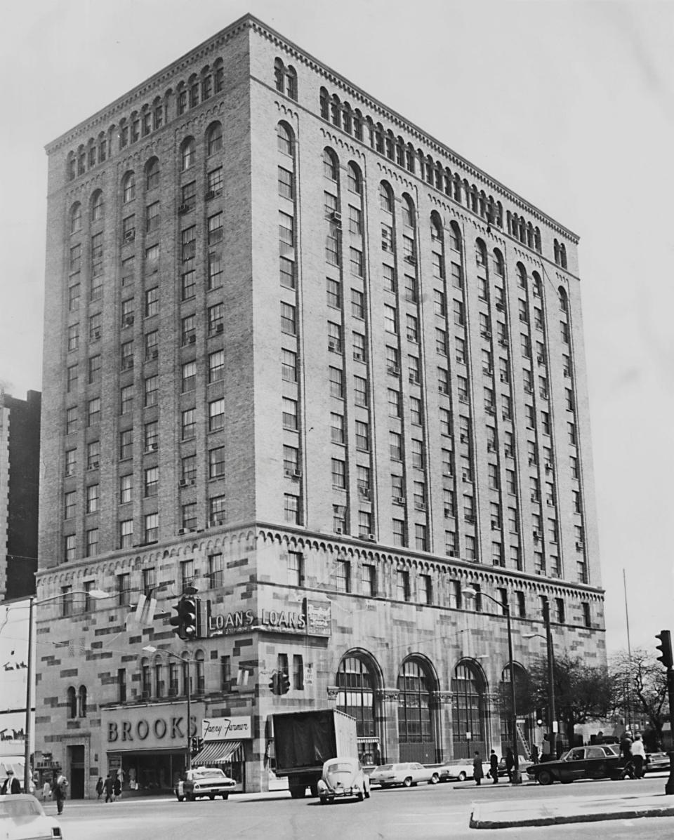 The 14-story skyscraper on the northeast corner of Genesee and Elizabeth streets in downtown Utica has been around for 97 years. It was built by the First National Bank & Trust Company and opened on Dec. 3, 1926. Its first depositors were Arthur F. Kielbach, assistant treasurer of the Utica Observer-Dispatch and Harry Benner, the newspaper’s advertising manager. (We could not find out how much they deposited.) This photo was taken in July 1967 when the building’s ground floor was home to Brooks Fashion Store, Fanny Farmer Candy, Daniels Jewelers and the Berkowitz Cigar Store. At the time, it was the tallest building in Utica, only a few feet taller than the Hotel Utica. Today the 16-story State Office Building is the tallest. And also today, the subject of this caption is known as the Adirondack Bank Building.