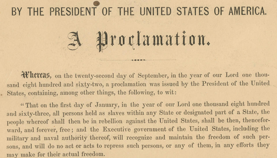 This undated photo provided by Seth Kaller, Inc., shows a detail from the rare original copy of President Abraham Lincoln's Emancipation Proclamation which sold Tuesday, June 26, 2012, at a New York auction for more than $2 million. It's the second-highest price ever paid for a Lincoln-signed proclamation - after one owned by the late Sen. Robert Kennedy that went for $3.8 million two years ago. (AP Photo/Seth Kaller, Inc.)