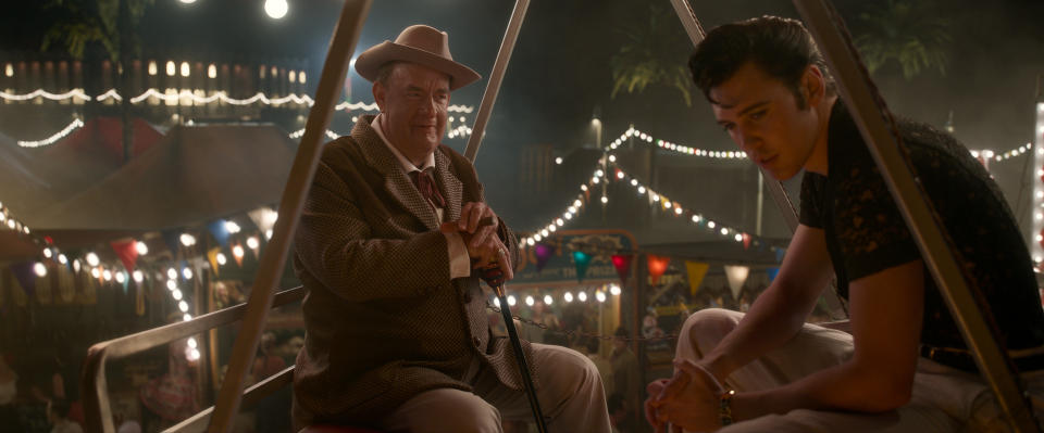 (L-r) TOM HANKS as Colonel Tom Parker and AUSTIN BUTLER as Elvis in Warner Bros. Pictures’ drama “ELVIS,” a Warner Bros. Pictures release. (Courtesy of Warner Bros. Pictures)