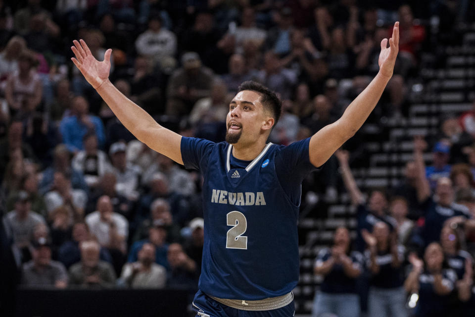 Nevada guard Jarod Lucas celebrates his basket against Dayton during the second half of a first-round college basketball game in the men's NCAA Tournament in Salt Lake City, Thursday, March 21, 2024. (AP Photo/Isaac Hale)