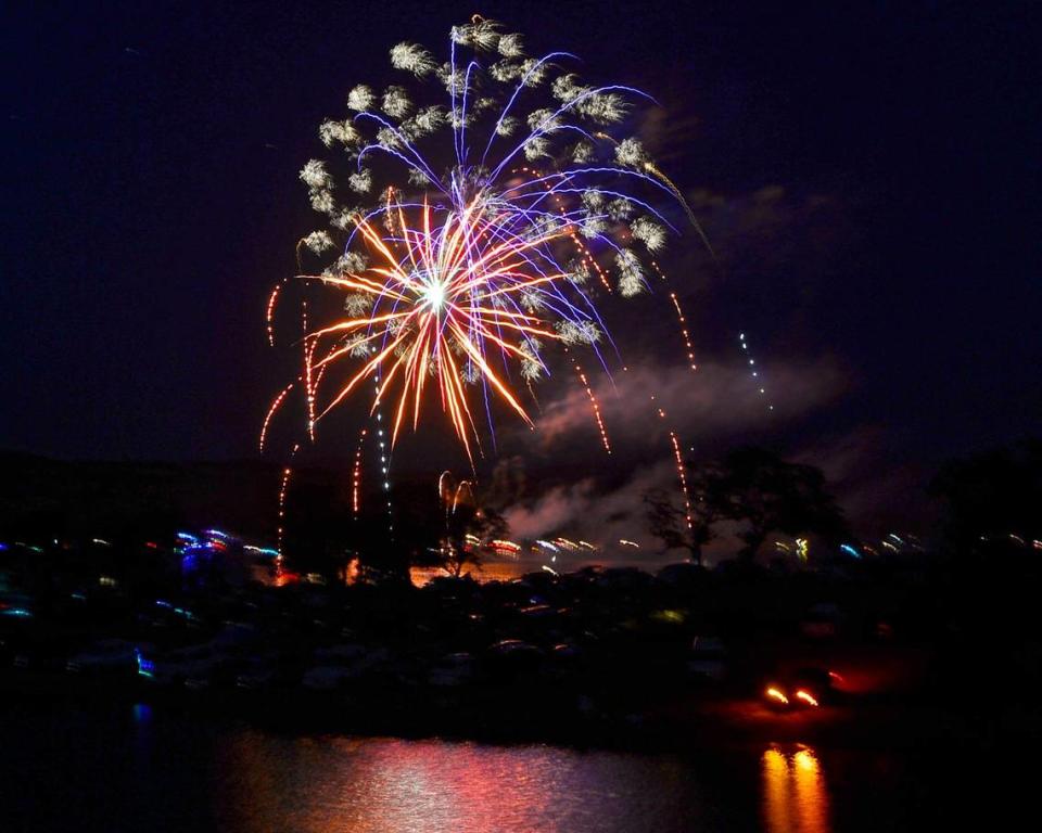 Fireworks burst over Lake Don Pedro for its 2017 Independence Day Celebration.