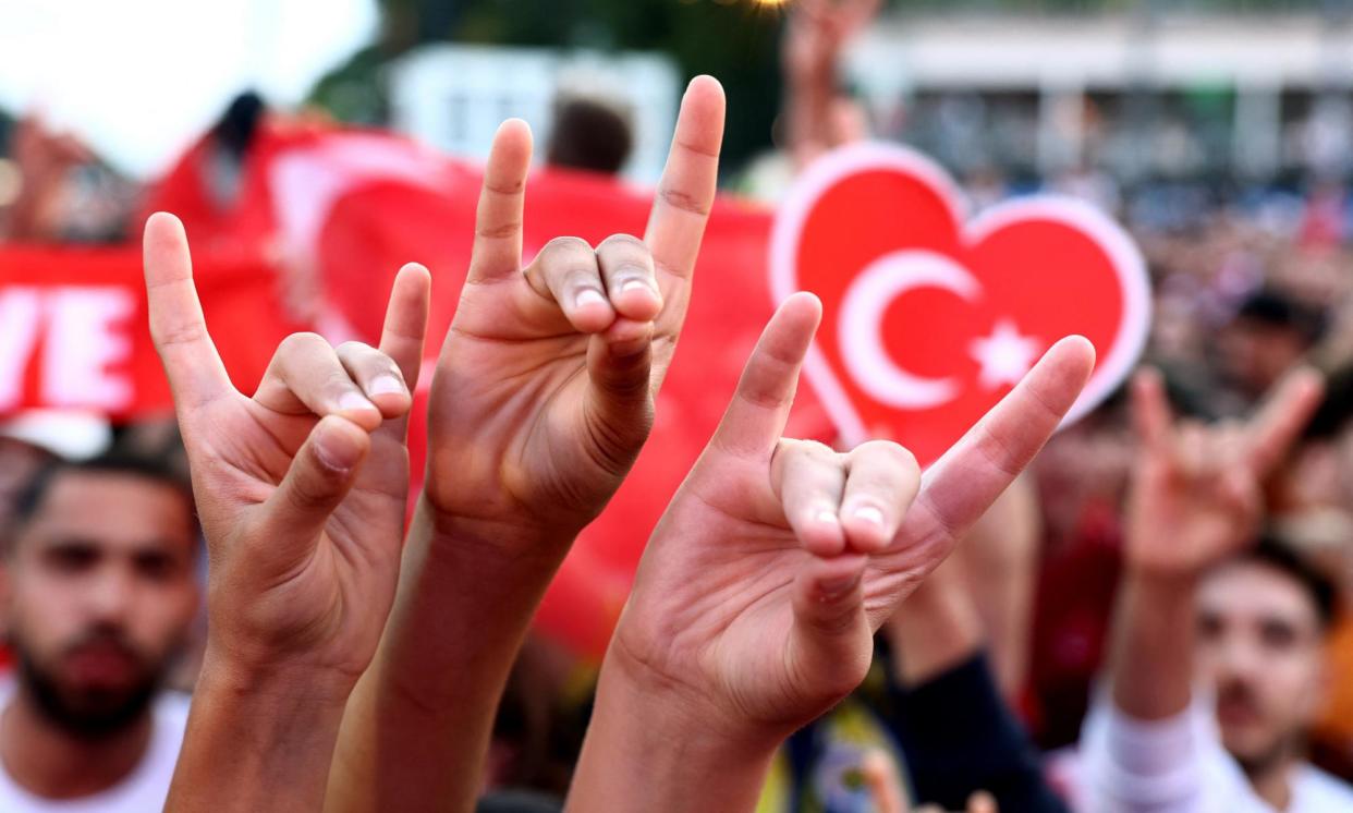 <span>Turkey fans making the ‘wolf salute’, which led to a diplomatic row after Turkish player Merih Demiral displayed it during a Euros match.</span><span>Photograph: Liesa Johannssen/Reuters</span>