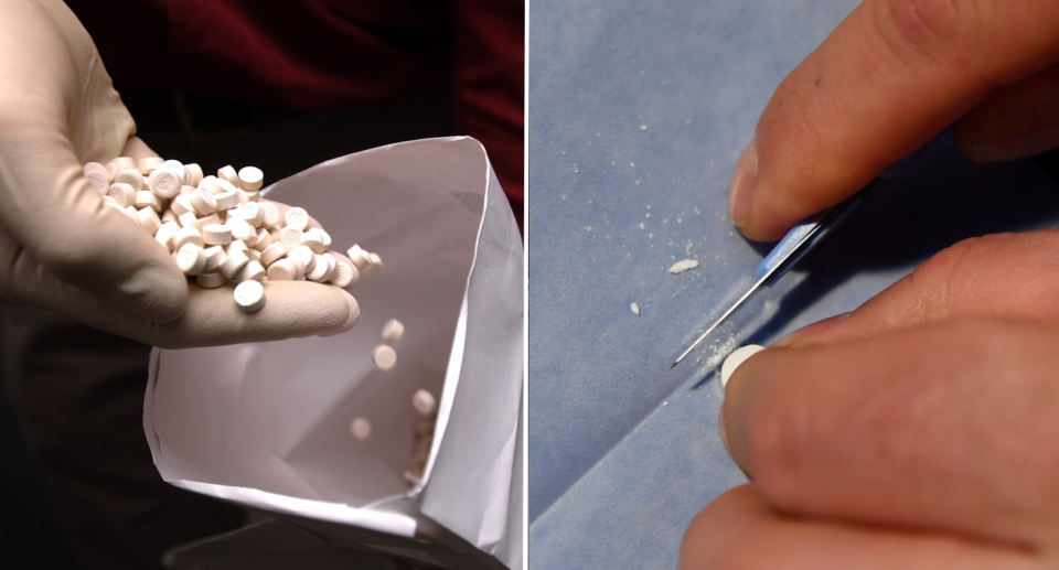 Right photo is of an MDMA pill being tested. Left photo is of a bag of seized drugs.