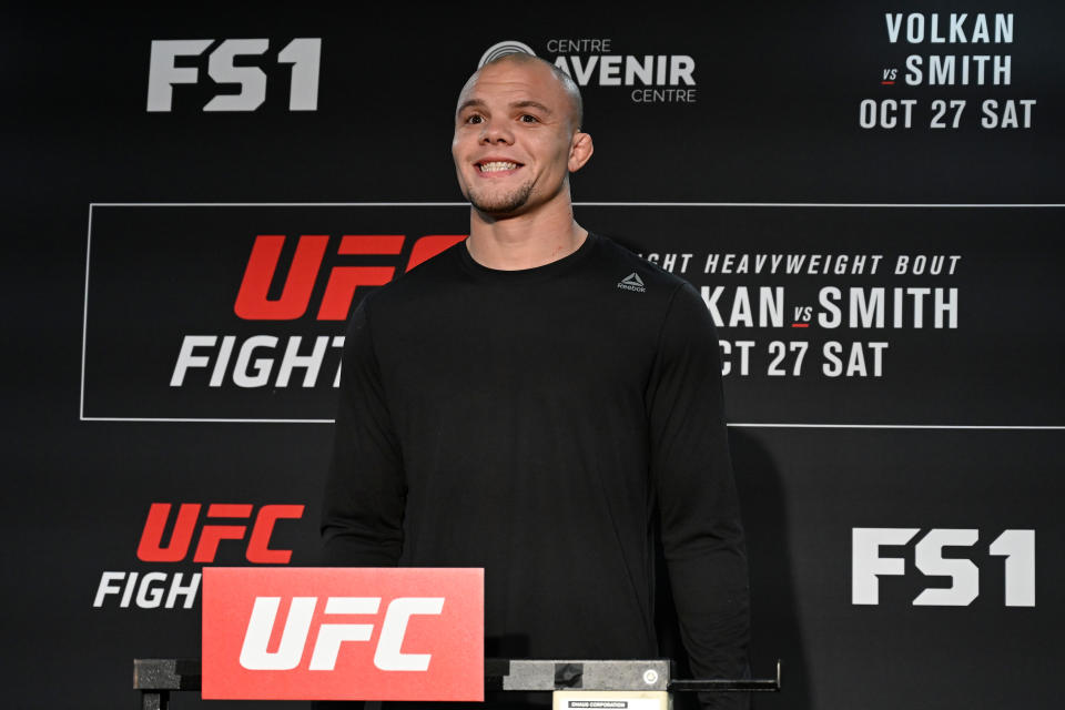 Anthony Smith poses on the scale during the UFC Fight Night weigh-in at Delta Hotels by Marriott Beausejour on Oct. 26, 2018 in Moncton, New Brunswick, Canada. (Getty Images)