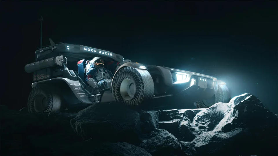 Artwork of a four-wheeled rover advancing on the moon at night.