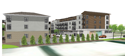 The most recent rendering of the mixed-used development proposed for the corner of Lilly Road and Capitol Drive shows the updated "U-shape," which allows for a shorter building and more green space while maintaining 75 units.
