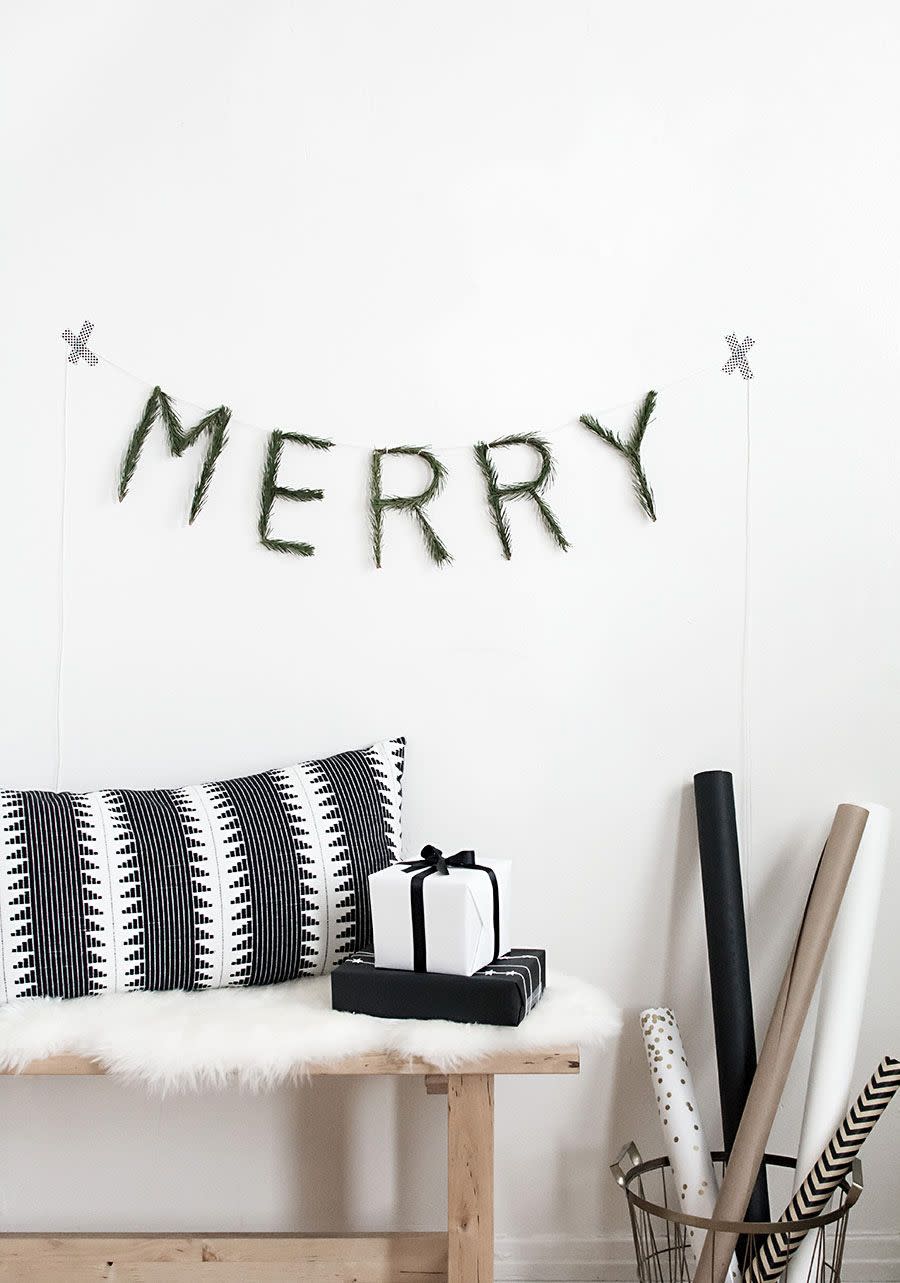 <p>All you need is wire, floral string, and pine to create this minimal holiday arrangement. Get the tutorial at <a href="http://www.homeyohmy.com/diy-merry-garland/" rel="nofollow noopener" target="_blank" data-ylk="slk:Homey Oh My;elm:context_link;itc:0;sec:content-canvas" class="link ">Homey Oh My</a>.</p><p><a class="link " href="https://go.redirectingat.com?id=74968X1596630&url=https%3A%2F%2Fwww.worldmarket.com%2Fproduct%2Fwhite%2Bglittered%2Bpine%2Band%2Bpinecone%2Bgarland.do%3Fsortby%3DourPicks%26from%3DSearch&sref=https%3A%2F%2Fwww.housebeautiful.com%2Fentertaining%2Fholidays-celebrations%2Fg3957%2Fchristmas-garlands%2F" rel="nofollow noopener" target="_blank" data-ylk="slk:BUY NOW;elm:context_link;itc:0;sec:content-canvas">BUY NOW</a> <strong><em>World Market White Pine Cone Garland, $9</em></strong></p>