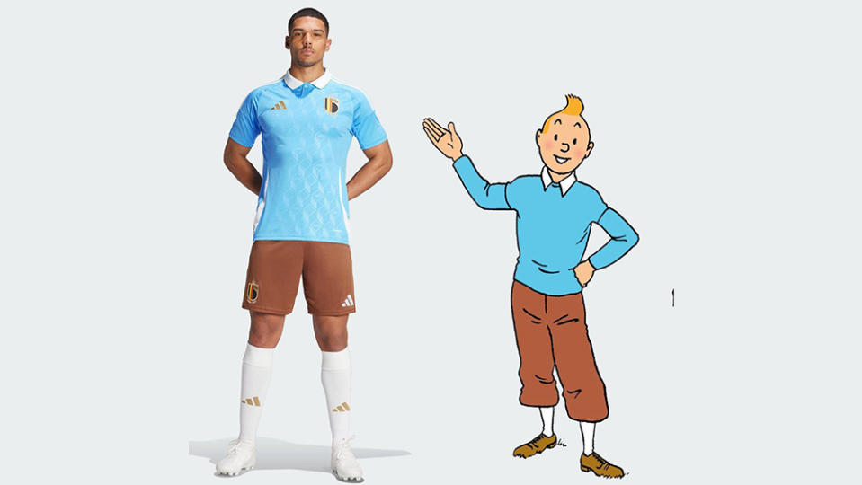 Tintin and a player wearing Belgium's Tintin-inspired football kit