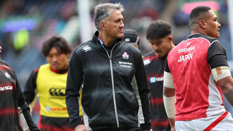 Japan coach Jamie Joseph looks on during his team's warm up before a Test match against Scotland. Credit: Alamy