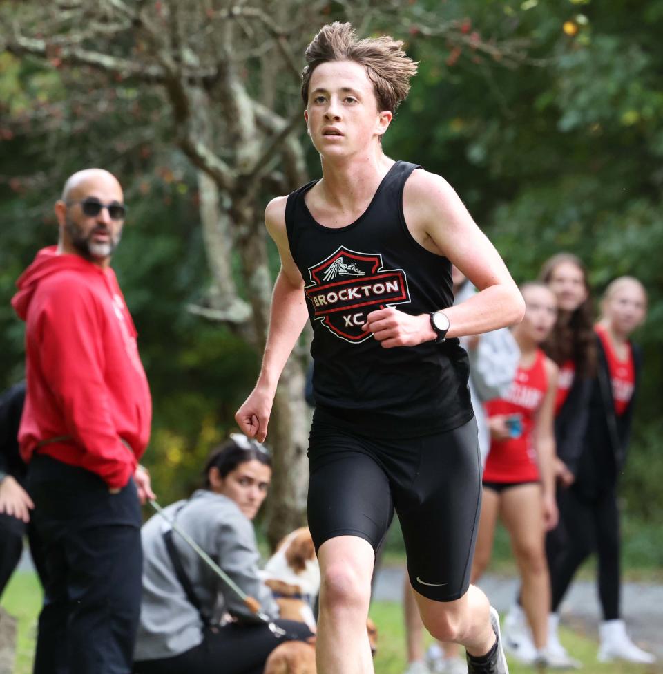 Brockton's Seamus Canniff, 15, won the boys cross country meet versus Bridgewater-Raynham at the Natural Trust in Easton on Wednesday, Sept. 27, 2023.