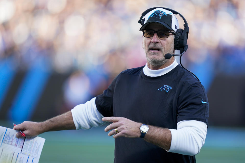 Carolina Panthers head coach Frank Reich watches during the second half of an NFL football game against the Dallas Cowboys Sunday, Nov. 19, 2023, in Charlotte, N.C. (AP Photo/Erik Verduzco)