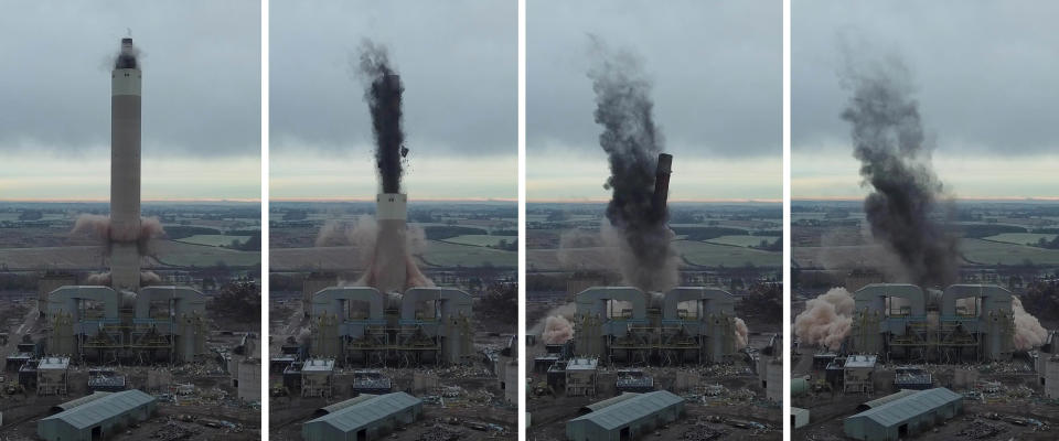 Dozens of spectators gathered to watch the dramatic moment a 183-metre (600ft) tall iconic power station chimney was demolished in a controlled explosion. The imposing concrete tower at Rugeley Power Station collapsed in just four seconds in a cloud of dust. Between 50 and 100 residents gathered on a nearby hillside to watch the spectacle unfold despite police warning people to avoid travelling to the area during lockdown. The massive chimney was demolished using explosive charges to pave the way for new development in the area - including hundreds of homes, a school and offices.