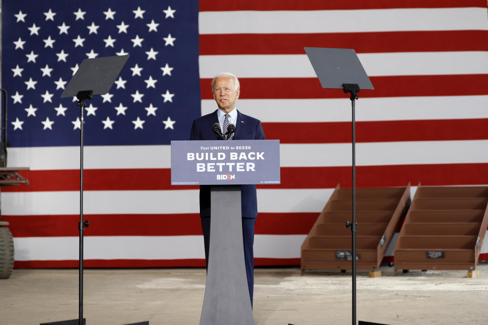 Democratic presidential candidate former Vice President Joe Biden speaks at McGregor Industries in Dunmore, Pa., Thursday, July 9, 2020. (AP Photo/Matt Slocum)