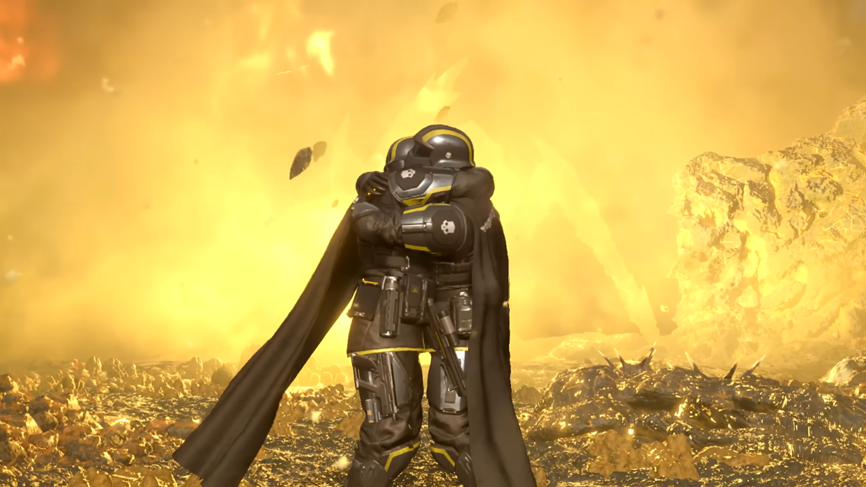  Helldivers 2 two characters hugging as an explosion detonates in the background. 