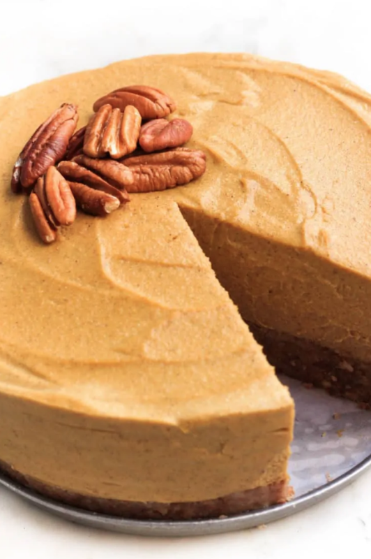 <p>Dish by Dish</p><p>Smooth and creamy, this delicious no-bake pumpkin cheesecake is the perfect dessert for pumpkin season and fall! Gluten-free and vegan. </p><p><strong>Get the recipe: <em><a href="https://www.dishbydish.net/gluten-free-vegan-pumpkin-cheesecake/" rel="nofollow noopener" target="_blank" data-ylk="slk:Gluten-Free Pumpkin Cheesecake;elm:context_link;itc:0;sec:content-canvas" class="link rapid-noclick-resp">Gluten-Free Pumpkin Cheesecake</a></em></strong></p>