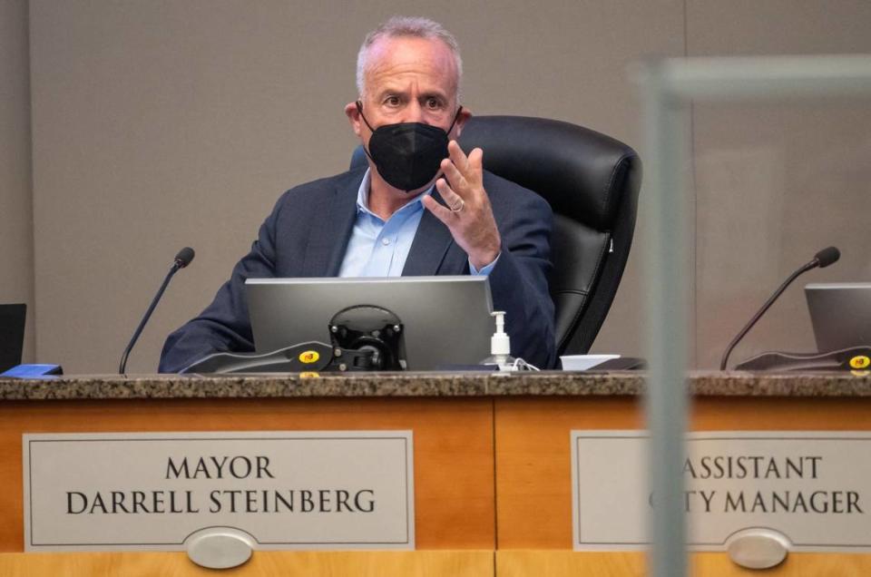 Mayor Darrell Steinberg speaks during the Sacramento City Council meeting at City Hall on Tuesday the first meeting open to public attendance since the beginning of the COVID-19 pandemic. Much of the meeting and public comment focused on the city’s climate goals.