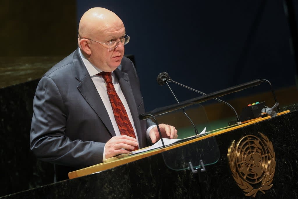 Russian Ambassador to the UN Vassily Nebenzia addresses a special session of the UN General Assembly on Russia’s invasion of Ukraine (REUTERS)