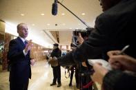 Boeing CEO Dennis Muilenburg speaks to members of the media after meeting with President-elect Donald Trump at Trump Tower in New York, Tuesday, Jan. 17, 2017. (AP Photo/Andrew Harnik)