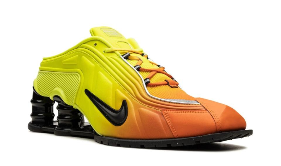 The yellow and orange colorway of the Nike x Martine Rose Shox Mule MR 4, Nike x Martine Rose Shox Mule MR 4