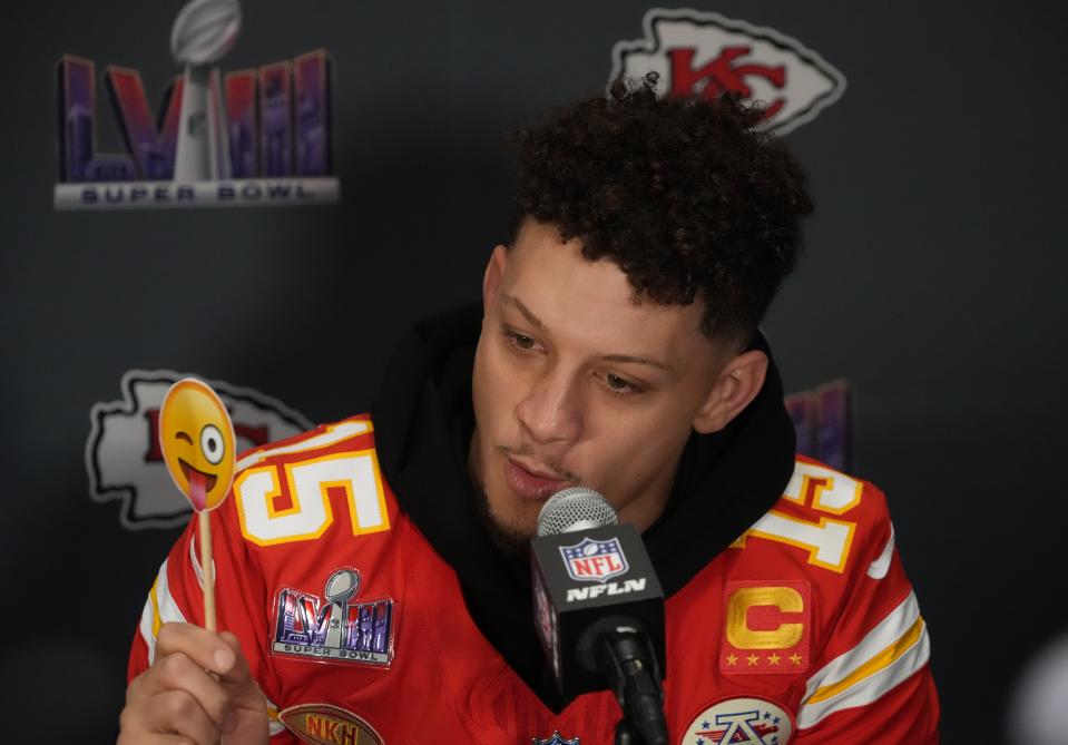 Kansas City Chiefs quarterback Patrick Mahomes (15) speaks during a press conference before Super Bowl LVIII at Westin Lake Las Vegas Resort and Spa.