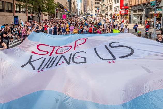 trans-states.jpg A giant Trans Flag seen at the march. Thousands of New - Credit: Erik McGregor/LightRocket/Getty Images