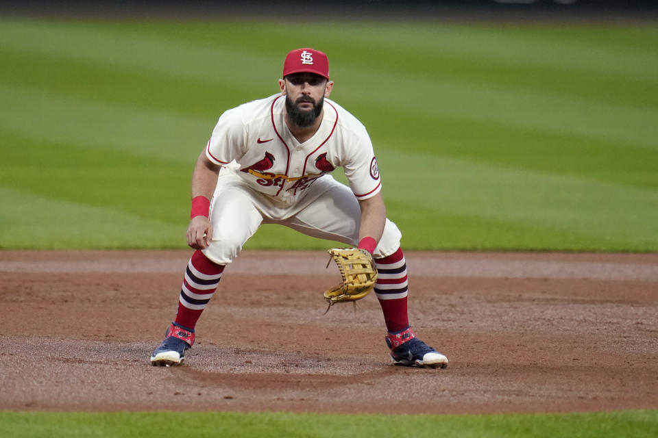 St. Louis Cardinals third baseman Matt Carpenter takes up his position during the third inning of a baseball game against the Milwaukee Brewers Saturday, Sept. 26, 2020, in St. Louis. (AP Photo/Jeff Roberson)