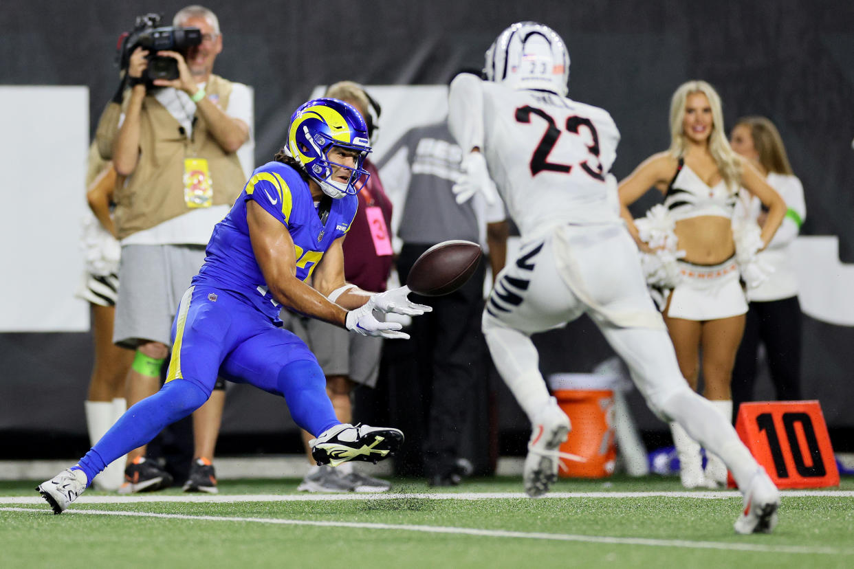 Puka Nacua nearly scored a touchdown late in the fourth quarter but came up just short, altering fantasy matchups. (Photo by Andy Lyons/Getty Images)