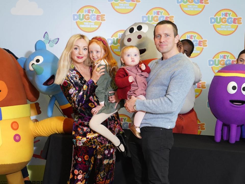 Helen George and Jack Ashton and their children Wren Ivy and Lark, pictured in December 2022 (PA)