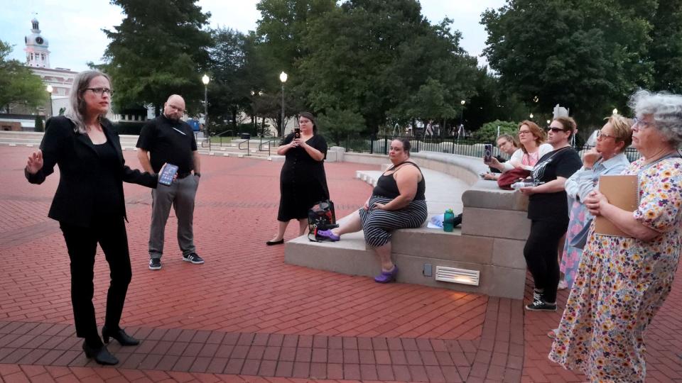 Keri Lambert speaks out against the banning of books in front of a small group of people in front of City Hall in Murfreesboro after a Rutherford County Library System, held a Library Board meeting, where books were banned on Monday, Aug. 28, 2023.